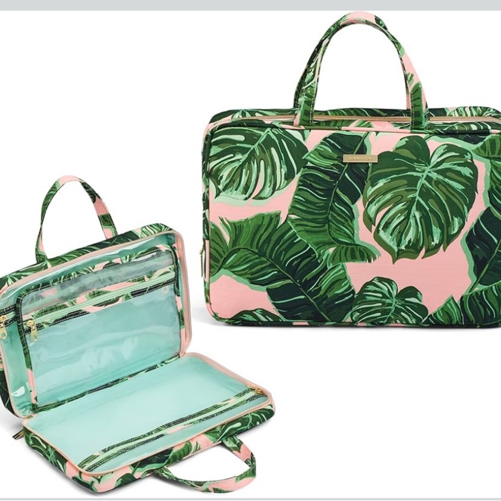 Green and Pink Cosmetic Bag with Tropical Leaf Design